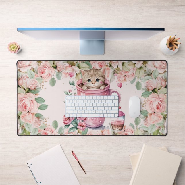 Cute Kitten Chat en Coupe Fleurs Roses Roses Roses (Bureau 1)