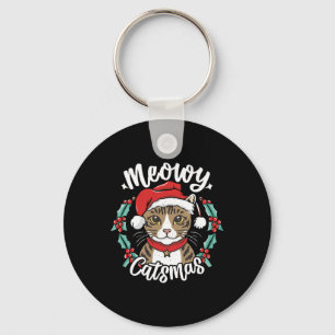 Cute Kitten Christmas Santa Hat Meowy Catmas Men W Keychain