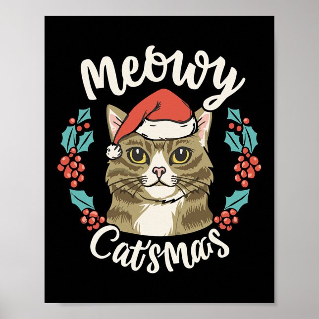 Cute Kitten Christmas Santa Hat Meowy Catmas Men W Poster (Front)