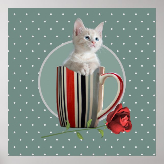 Cute kitten coffee mug photo flower green modern  poster (Front)
