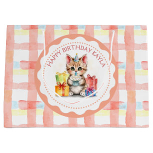 Cute Kitten Coral Plaid Personalized Birthday Large Gift Bag