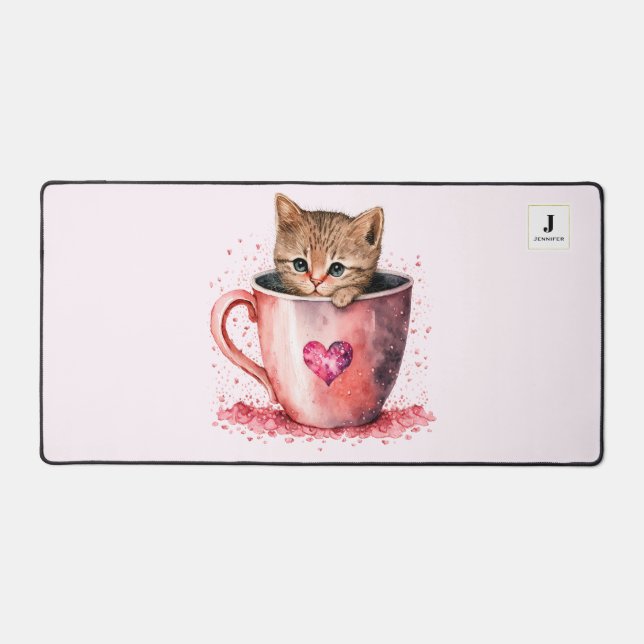 Cute Kitten dans un Teacup avec Coeur Monogramme (Recto)