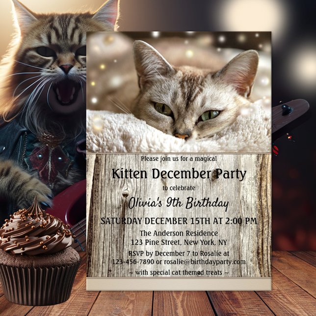 Cute Kitten December Kids Birthday Party Invitation (Festive December cat themed child birthday invite with a cute kitten and magical sparkling lights)