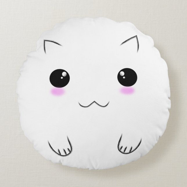 Cute Kitten Face & Paw Prints Round Pillow (Front)