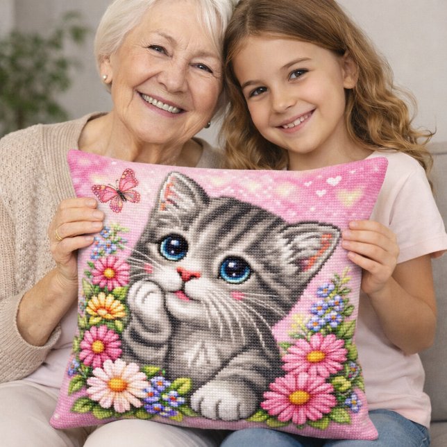 Cute Kitten Floral Cross Stitch Throw Pillow (Creator Uploaded)