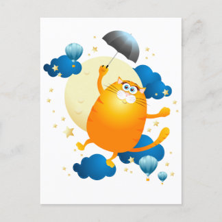 Cute Kitten Flying with Umbrella Postcard