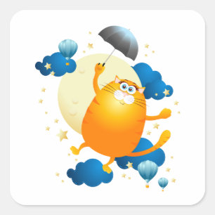 Cute Kitten Flying with Umbrella Square Sticker