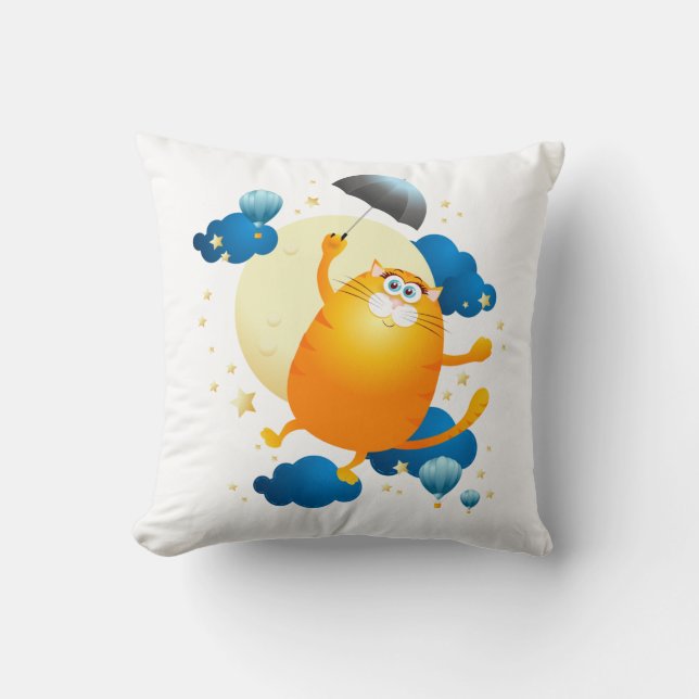 Cute Kitten Flying with Umbrella Throw Pillow (Front)