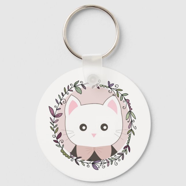 Cute Kitten Framed by Flowers Keychain (Front)
