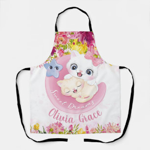 Cute Kitten Friends Blush Pink Flowers Custom Name Apron