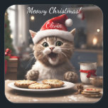 Cute Kitten Funny Santa Cat Christmas  Square Sticker<br><div class="desc">Spread holiday season cheer with this cute Christmas cat sticker! Featuring a happy cat eyeing festive pies, it’s perfect for cat lovers of all ages. Personalize for family or friends and enjoy the playful touch of a cartoon kitten dressed as Santa Claus. This colorful and funny cat Christmas sticker is...</div>