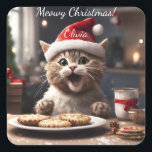 Cute Kitten Funny Santa Cat Christmas  Square Sticker<br><div class="desc">Spread holiday season cheer with this cute Christmas cat sticker! Featuring a happy cat eyeing festive pies, it’s perfect for cat lovers of all ages. Personalize for family or friends and enjoy the playful touch of a cartoon kitten dressed as Santa Claus. This colorful and funny cat Christmas sticker is...</div>
