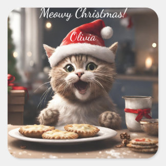 Cute Kitten Funny Santa Cat Christmas Square Sticker
