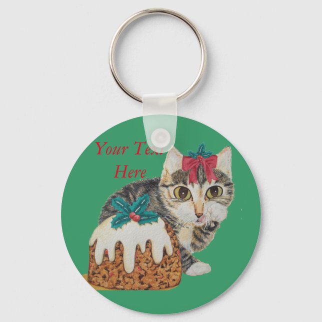 cute kitten grey cat eating pudding for christmas keychain (Front)