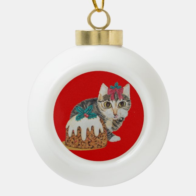cute kitten grey tabby cat dressed for christmas ceramic ball christmas ornament (Front)