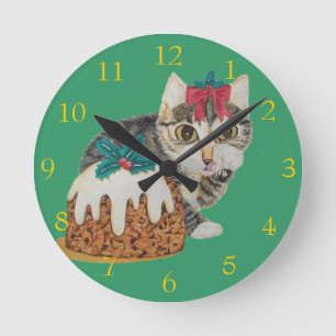 cute kitten grey tabby cat licking paws christmas round clock