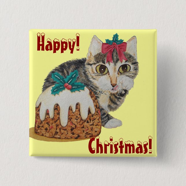 cute kitten grey tabby licking paw christmas 2 inch square button (Front)