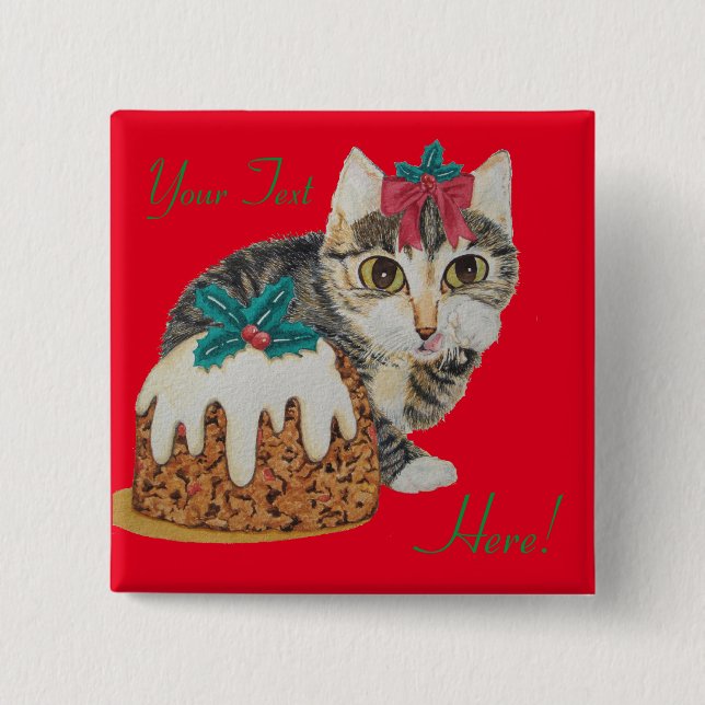 cute kitten grey tabby licking paw christmas 2 inch square button (Front)