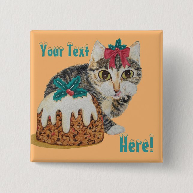 cute kitten grey tabby licking paw christmas 2 inch square button (Front)