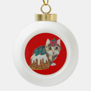 cute kitten grey tabby licking paw christmas ceramic ball christmas ornament