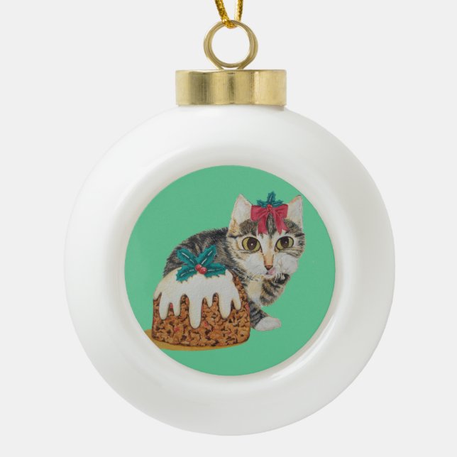 cute kitten grey tabby licking paw christmas ceramic ball christmas ornament (Front)