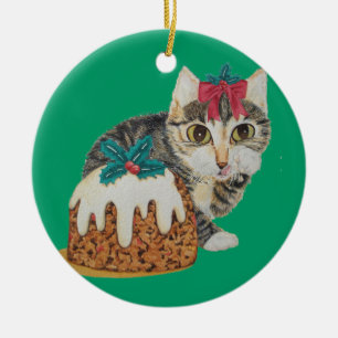 cute kitten grey tabby licking paw christmas ceramic ornament