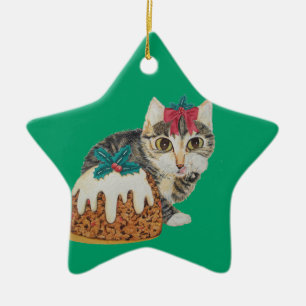 cute kitten grey tabby licking paw christmas ceramic ornament
