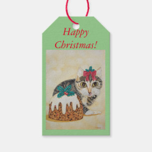 cute kitten grey tabby licking paw christmas gift tags