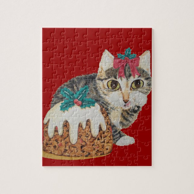 cute kitten grey tabby licking paw christmas jigsaw puzzle (Vertical)