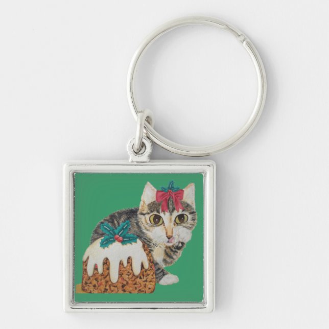 cute kitten grey tabby licking paw christmas keychain (Front)