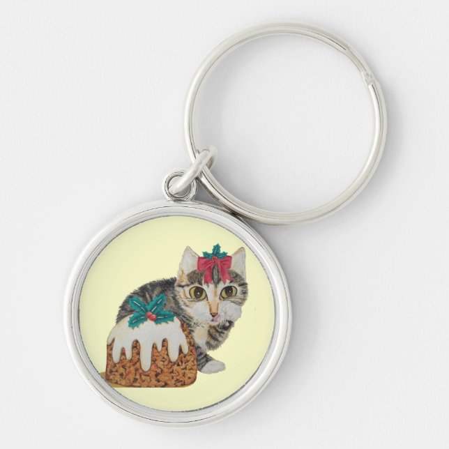 cute kitten grey tabby licking paw christmas keychain (Front)