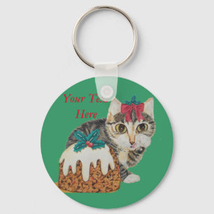 cute kitten grey tabby licking paw christmas keychain