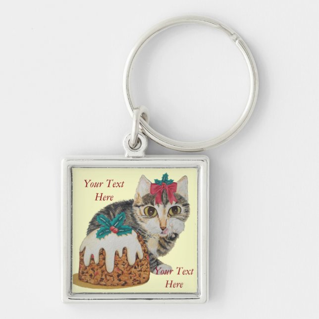 cute kitten grey tabby licking paw christmas keychain (Front)