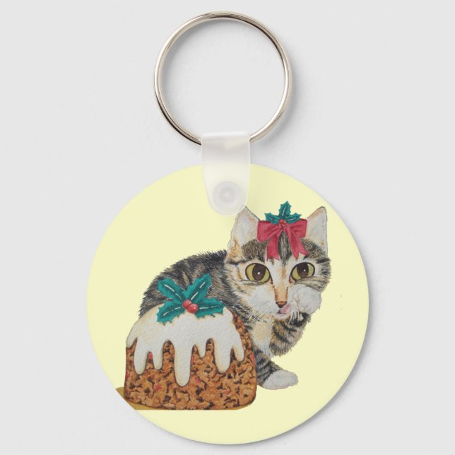 cute kitten grey tabby licking paw christmas keychain (Front)