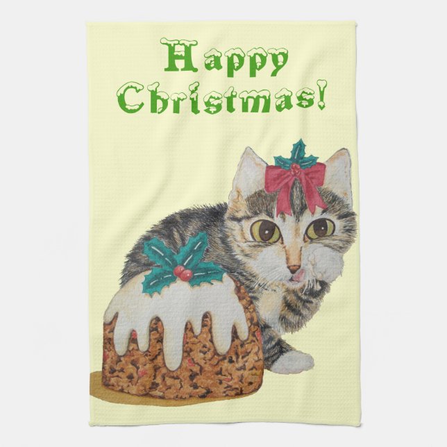 cute kitten grey tabby licking paw christmas kitchen towel (Vertical)