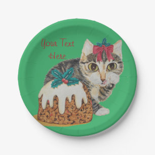 cute kitten grey tabby licking paw christmas paper plate