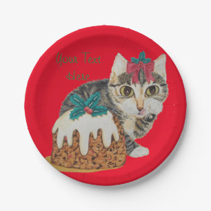 cute kitten grey tabby licking paw christmas paper plate