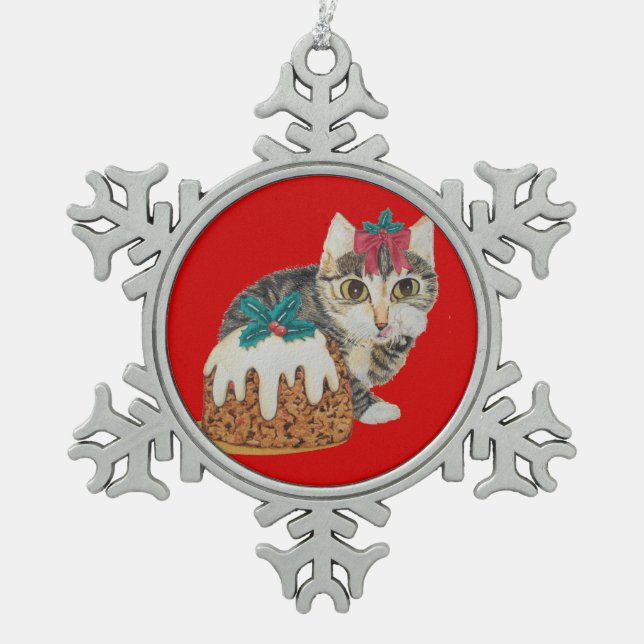 cute kitten grey tabby licking paw christmas snowflake pewter christmas ornament (Front)
