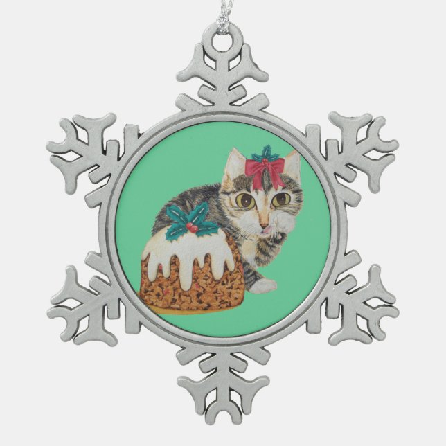 cute kitten grey tabby licking paw christmas snowflake pewter christmas ornament (Front)