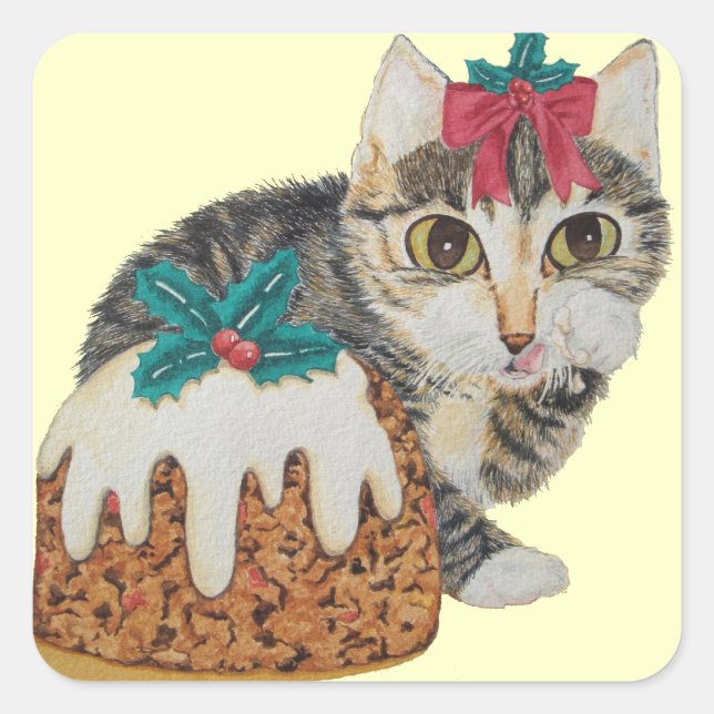 cute kitten grey tabby licking paw christmas square sticker (Front)