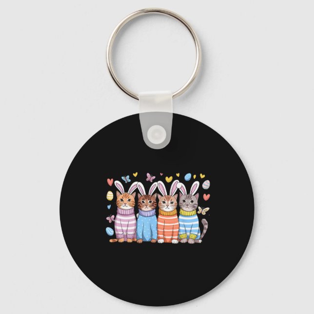 Cute Kitten Happy Easter Cat Bunny Ears And Eggs K Keychain (Front)