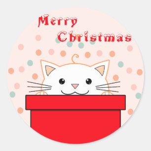 Cute Kitten Hiding Behind Christmas Gift Box    Classic Round Sticker