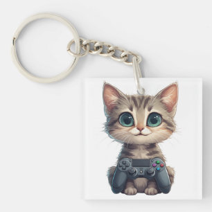 Cute Kitten Holding Game Controller Gamer Cat Keychain