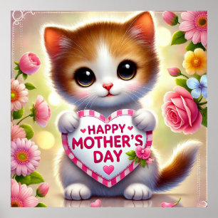 Cute Kitten Holding Mother's Day Heart Poster