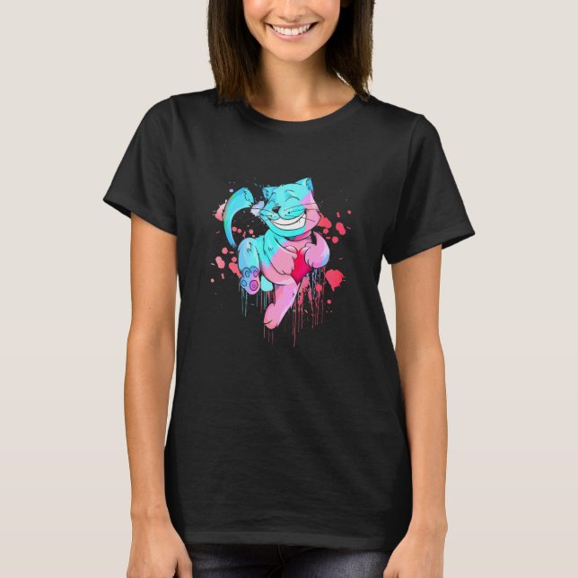 Cute Kitten Hugging A Heart Colourful Art Cat T-Shirt (Front)