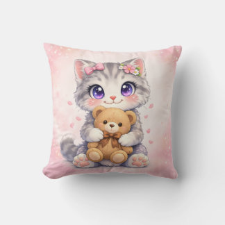 Cute Kitten Hugging Teddy Bear Square Throw Pillow