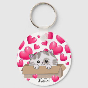 Cute kitten in a box and pink hearts keychain