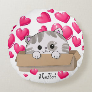 Cute kitten in a box and pink hearts round pillow