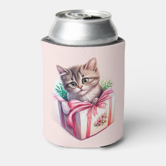 Cute Kitten in a Box Birthday Gift Can Cooler (Can Back)