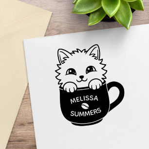 Cute Kitten in a Coffee Mug Custom Name Rubber Stamp